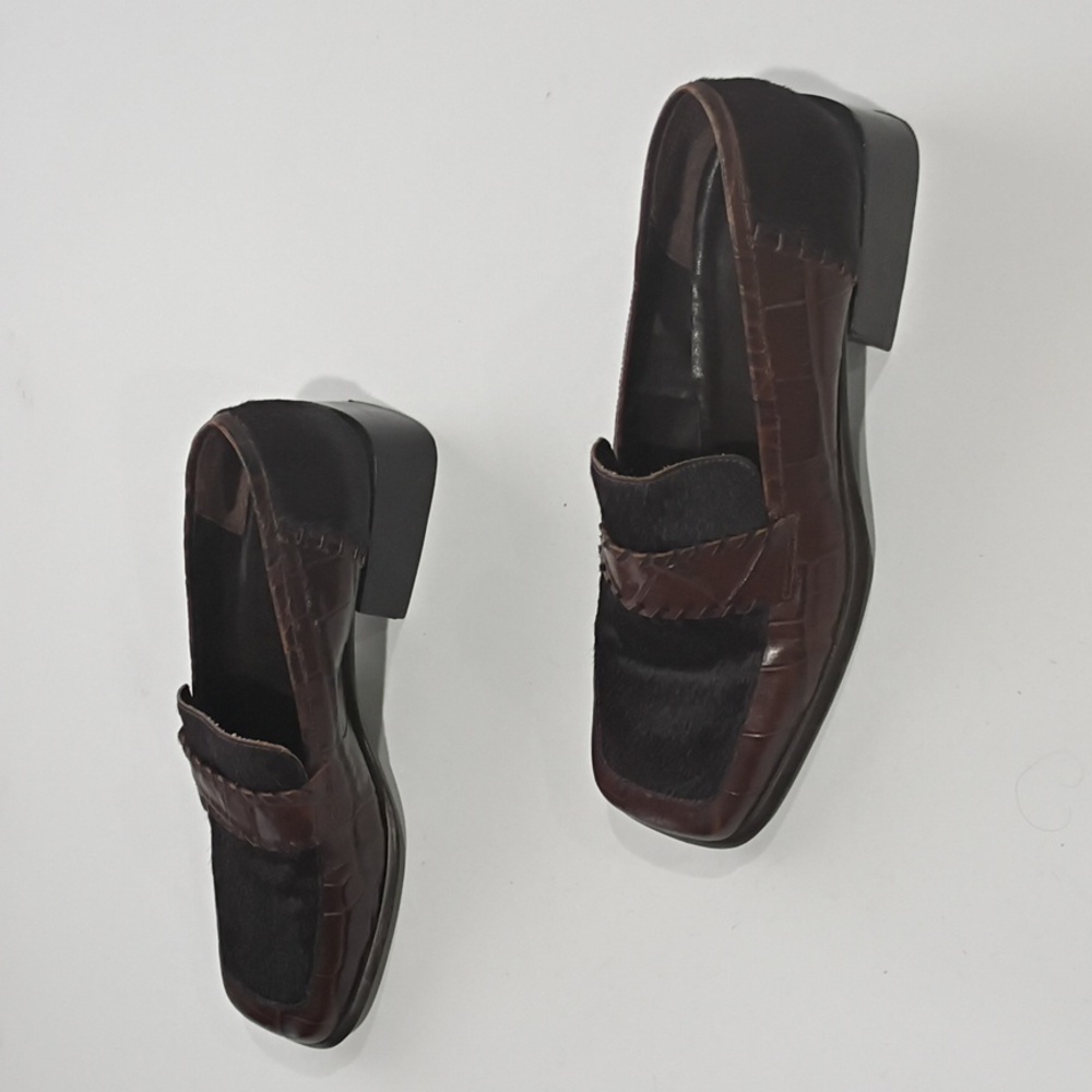CEM Elegant Brown Leather Loafers with Faux Croc and Calf Hair Square Toe Sz 10M - Picture 16 of 16